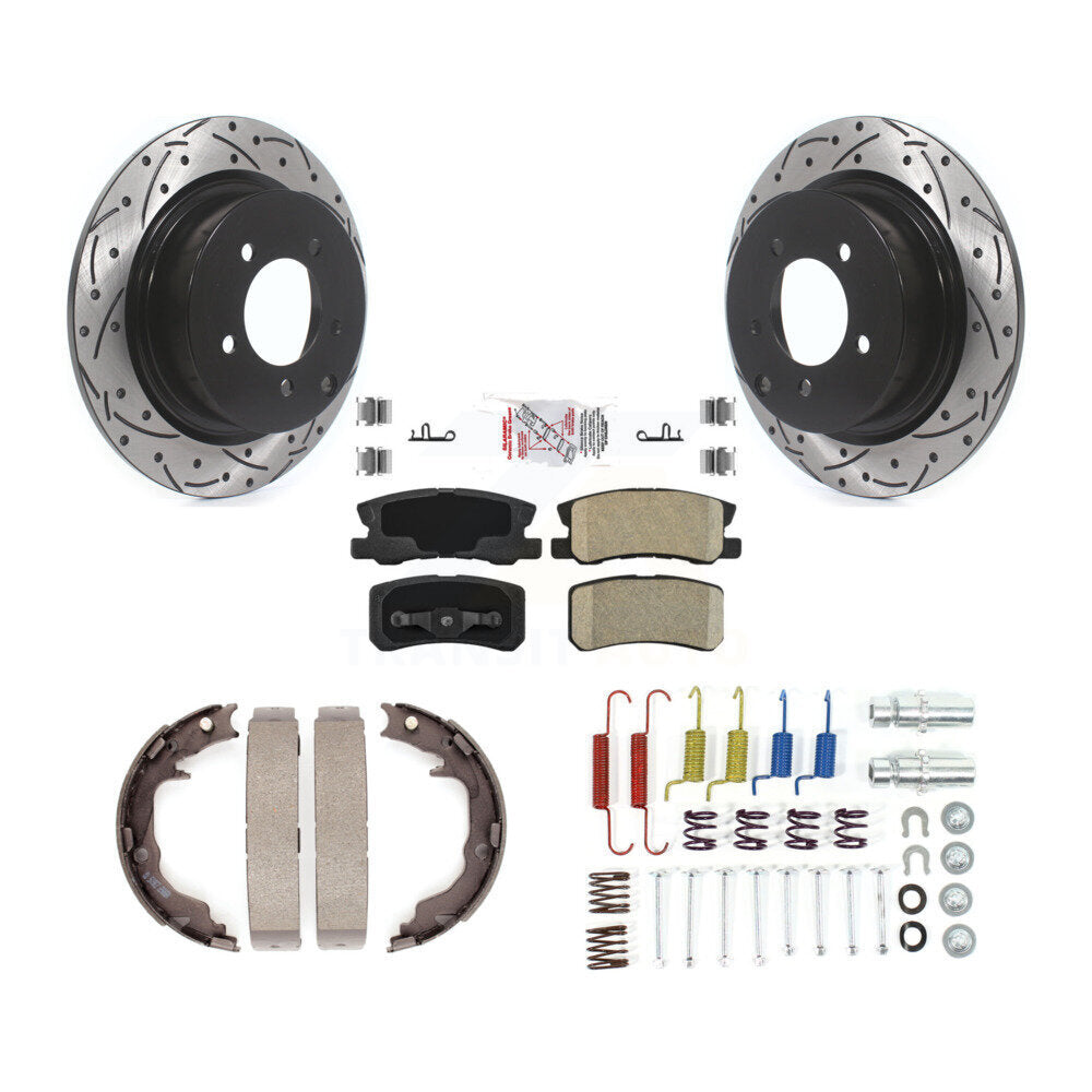 Rear Disc Drilled & Slotted Rotors Ceramic Pads Parking Shoes Hardware Kit For Mitsubishi KDA-103724