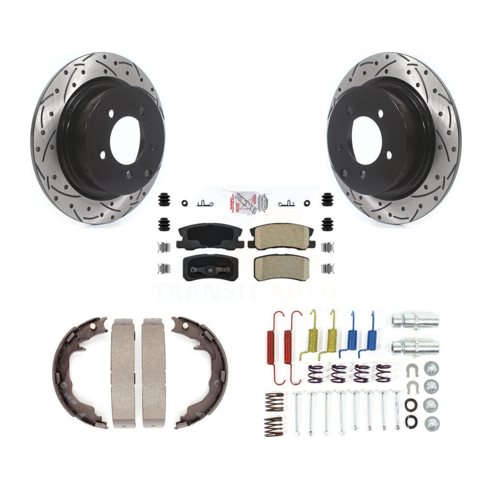 Rear Disc Drilled & Slotted Rotors Ceramic Pads Parking Shoes Hardware Kit For Mitsubishi KDA-103725