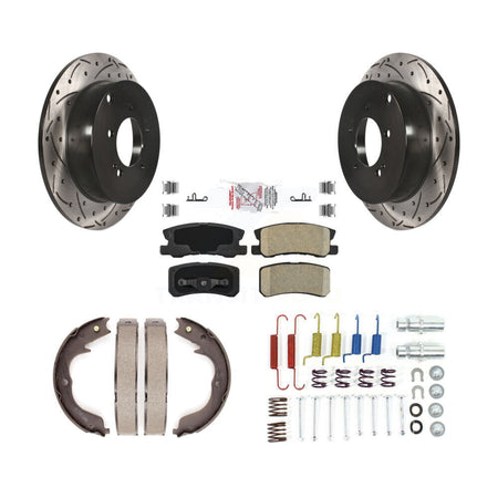Rear Disc Drilled & Slotted Rotors Ceramic Pads Parking Shoes Hardware Kit For Mitsubishi KDA-103730