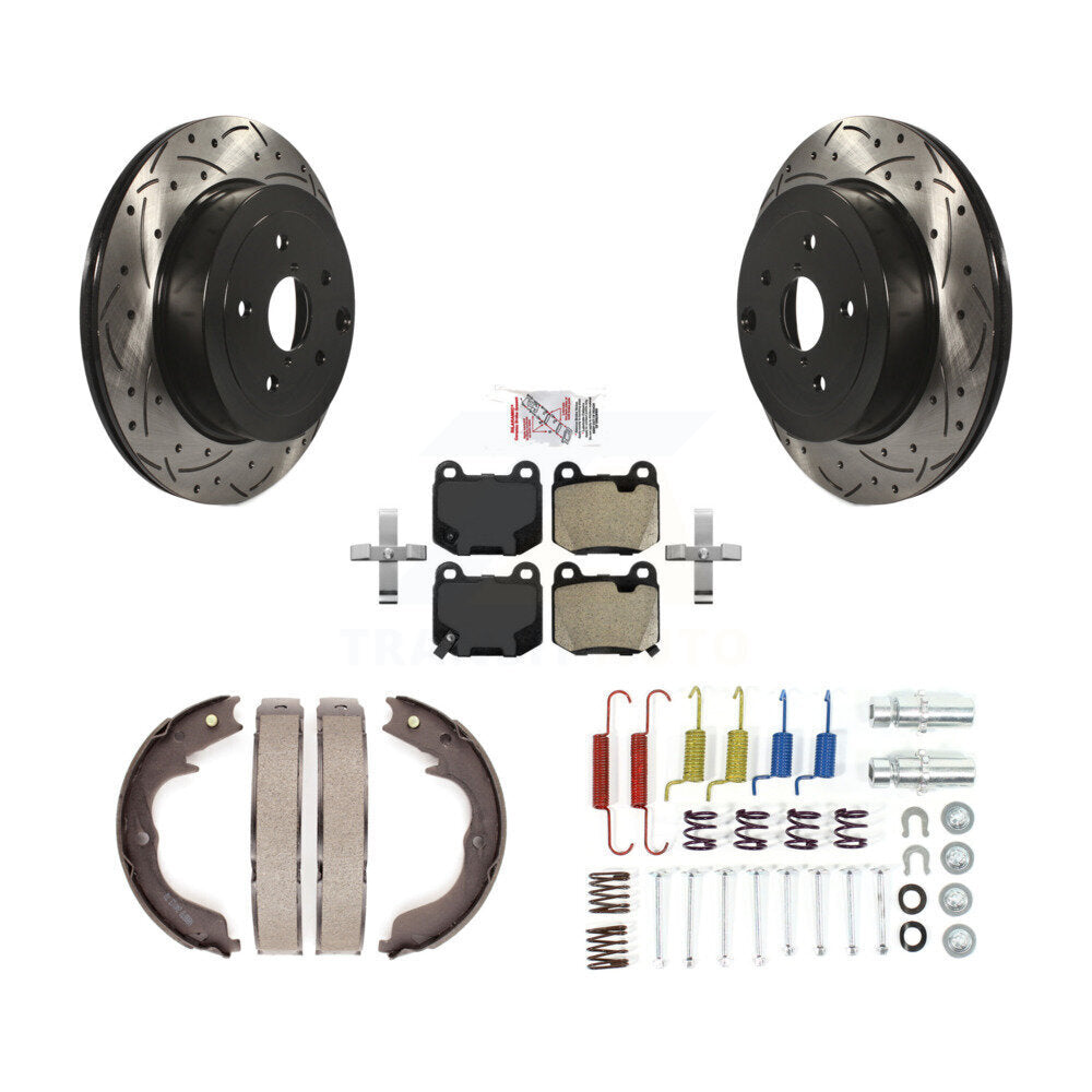 Rear Disc Drilled & Slotted Rotors Semi-Metallic Pads Parking Shoes And Hardware Kit For KDA-103734