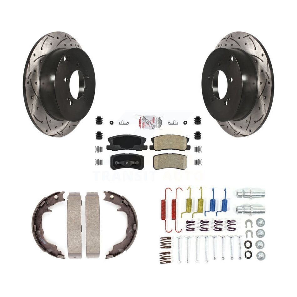 Rear Disc Drilled & Slotted Rotors Ceramic Pads Parking Brake Shoes And Hardware Kit For KDA-103736