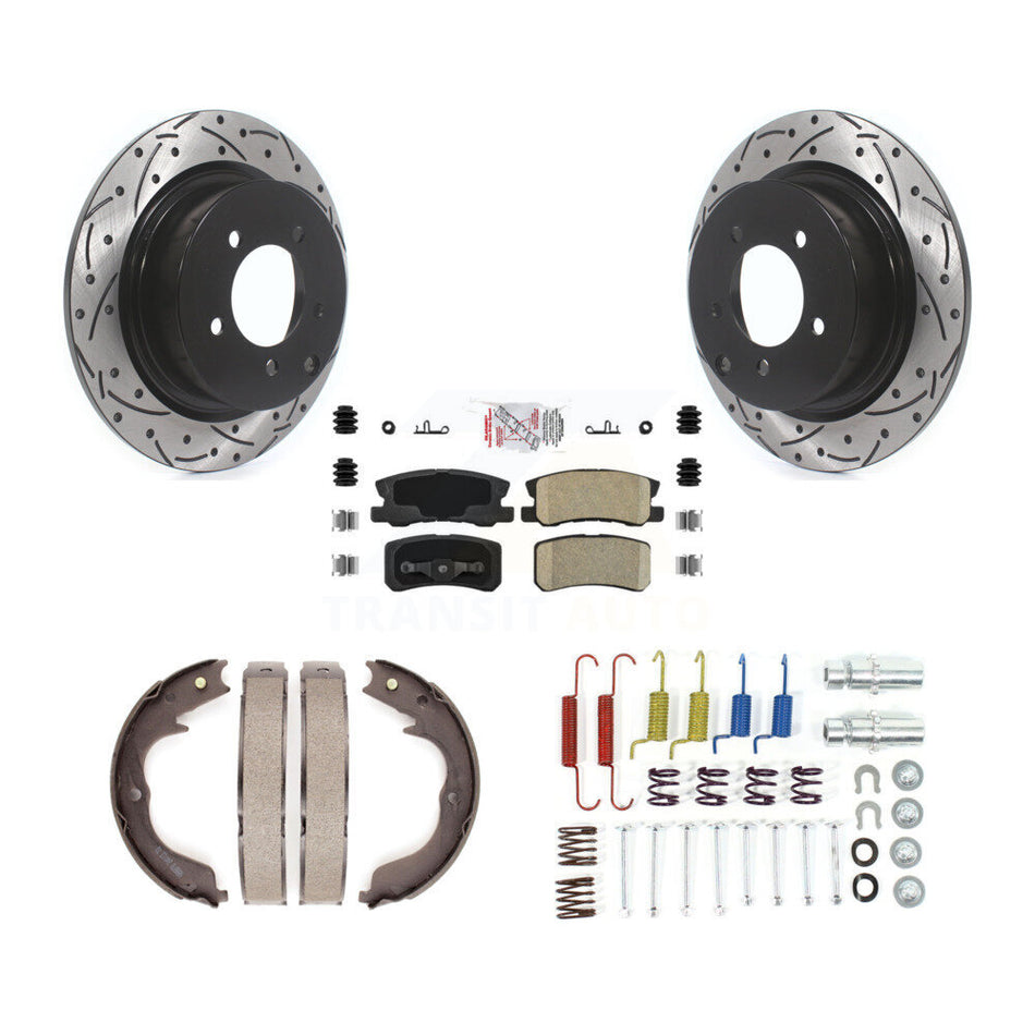 Rear Disc Drilled & Slotted Rotors Ceramic Pads Parking Brake Shoes And Hardware Kit For KDA-103738
