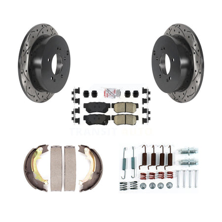 Rear Disc Drilled & Slotted Rotors Ceramic Pads Parking Brake Shoes And Hardware Kit For KDA-103739