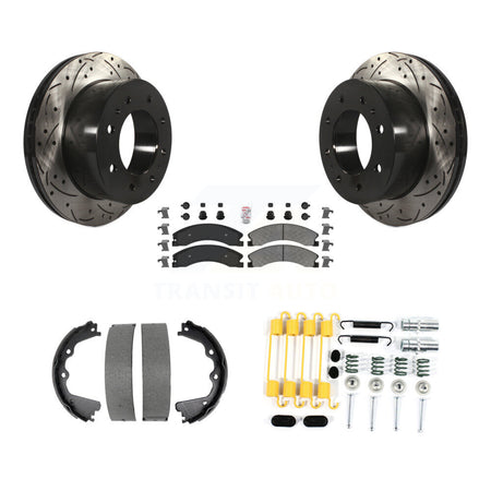 Rear Disc Drilled & Slotted Rotors Semi-Metallic Pads Parking Shoes Hardware Kit For GMC KDA-103743