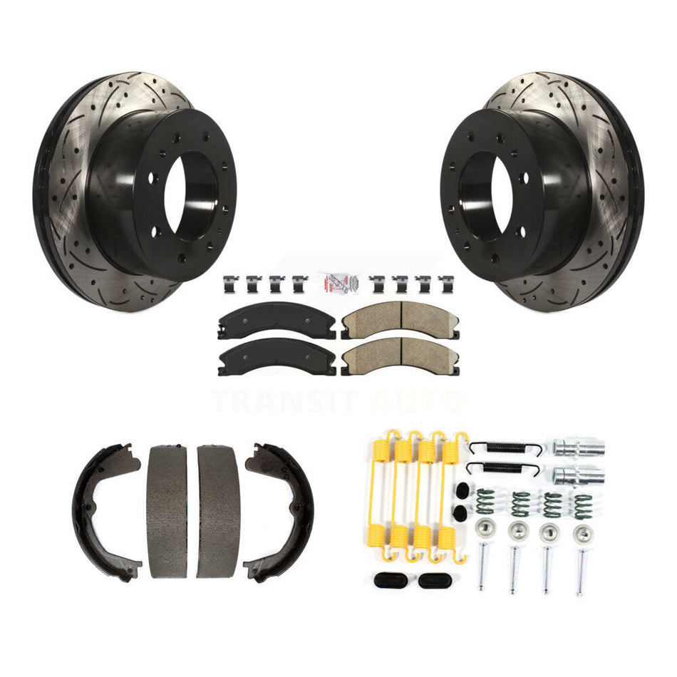 Rear Disc Drilled & Slotted Rotors Ceramic Pads Parking Shoes Hardware Kit For Chevrolet KDA-103744