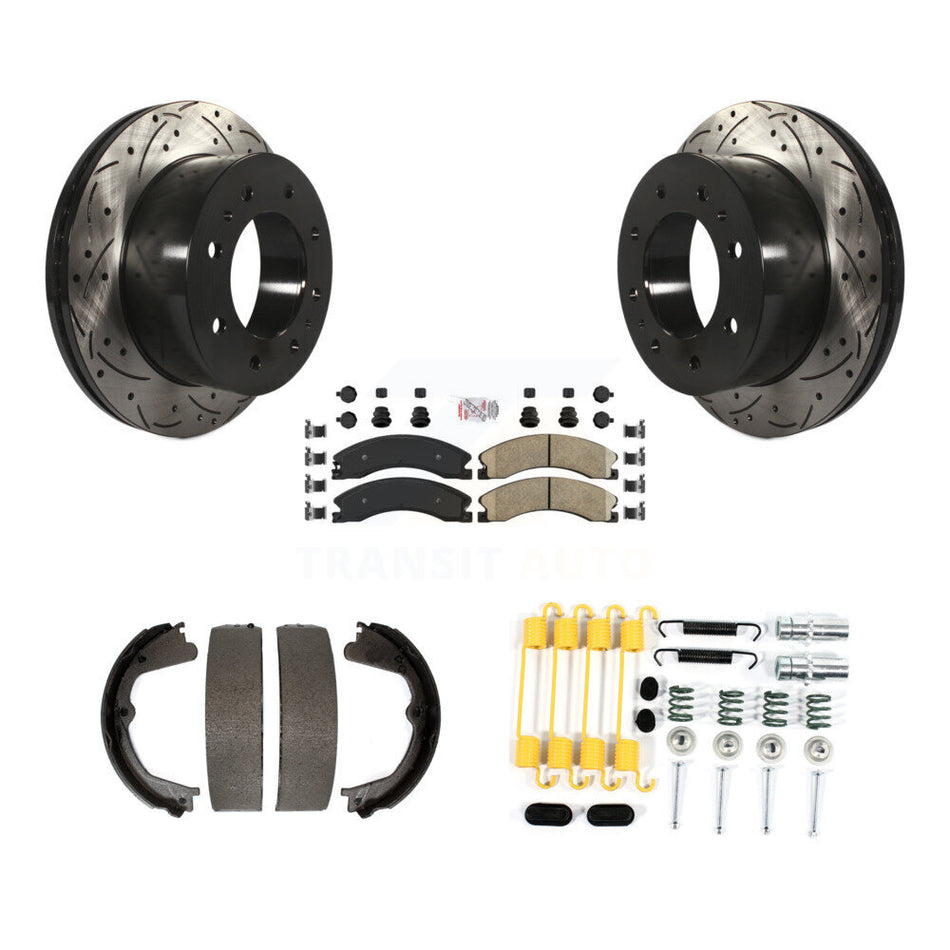 Rear Disc Drilled & Slotted Rotors Ceramic Pads Parking Shoes Hardware Kit For Chevrolet KDA-103745