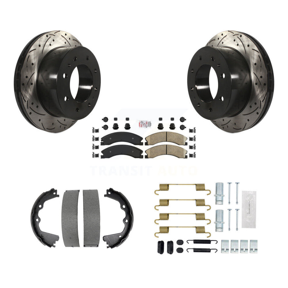 Rear Disc Drilled & Slotted Rotors Ceramic Pads Parking Shoes Hardware Kit For GMC Sierra KDA-103748