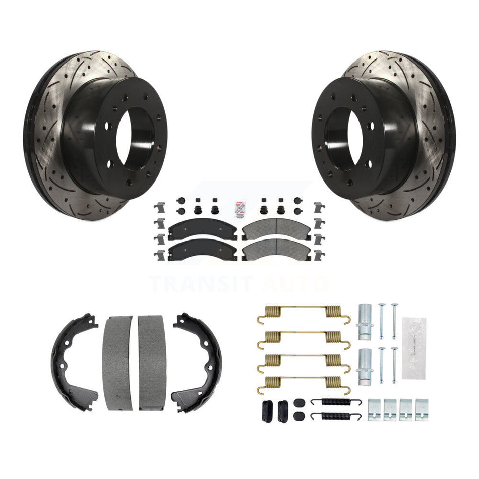 Rear Disc Drilled & Slotted Rotors Semi-Metallic Pads Parking Shoes Hardware Kit For GMC KDA-103749