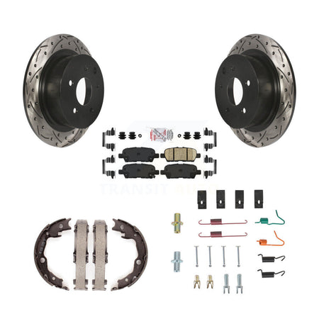 Rear Disc Drilled & Slotted Rotors Ceramic Pads Parking Shoes And Hardware Kit For Nissan KDA-103751