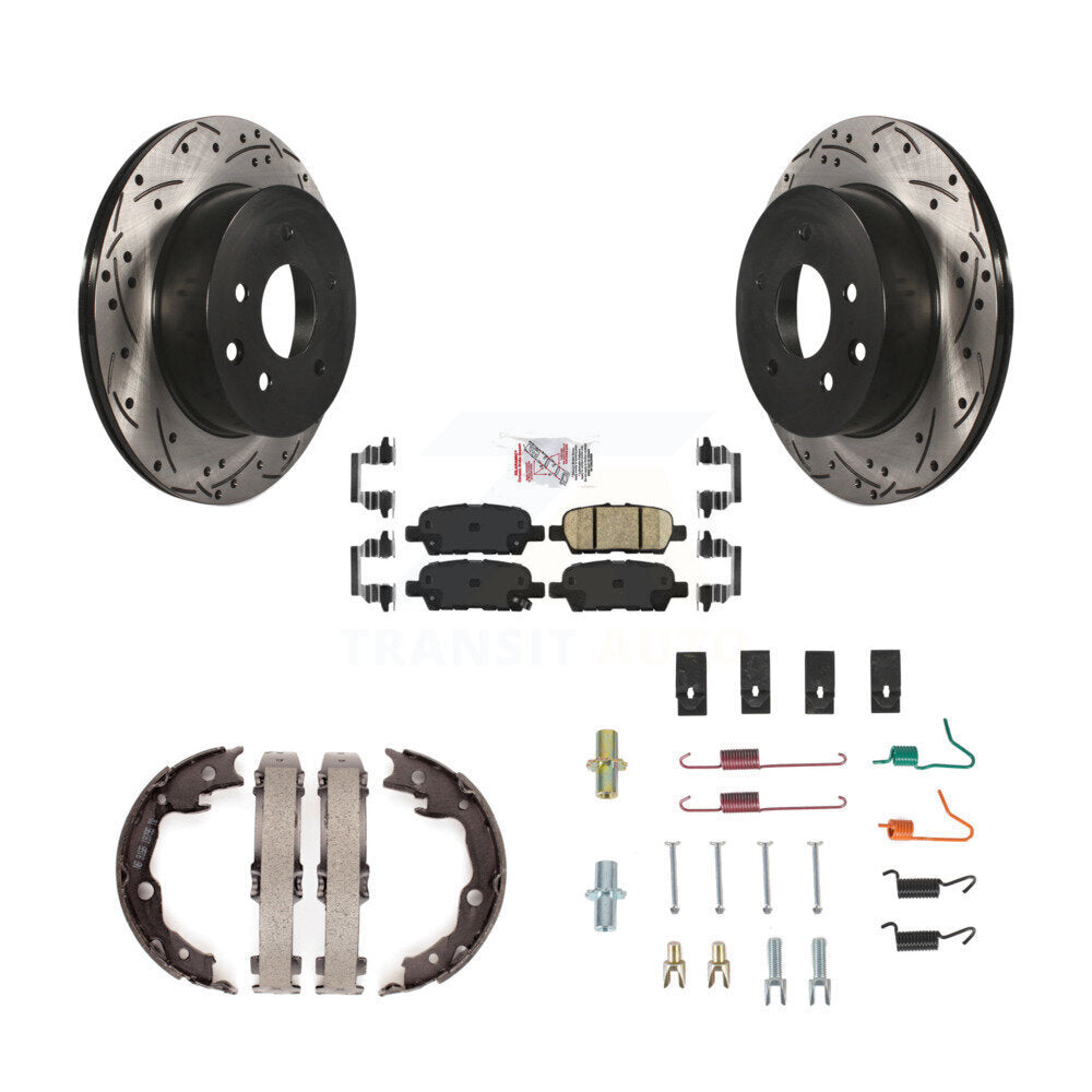 Rear Disc Drilled & Slotted Rotors Ceramic Pads Parking Shoes And Hardware Kit For Nissan KDA-103752