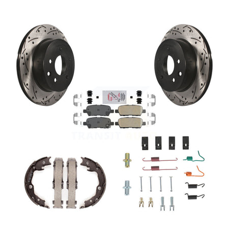 Rear Disc Drilled & Slotted Rotors Ceramic Pads Parking Shoes And Hardware Kit For Nissan KDA-103755