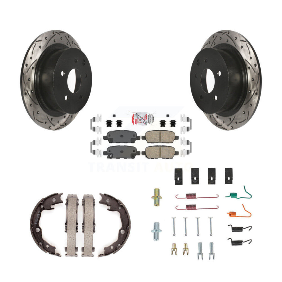 Rear Disc Drilled & Slotted Rotors Ceramic Pads Parking Brake Shoes And Hardware Kit For KDA-103756