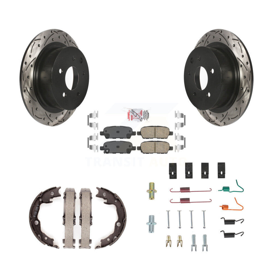 Rear Disc Drilled & Slotted Rotors Ceramic Pads Parking Brake Shoes And Hardware Kit For KDA-103757