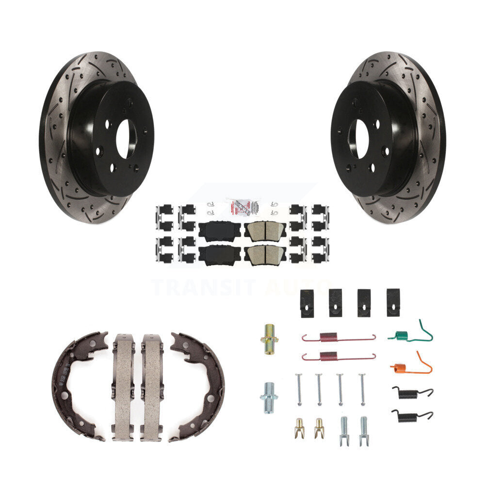 Rear Disc Drilled & Slotted Rotors Ceramic Pads Parking Shoes And Hardware Kit For Toyota KDA-103759