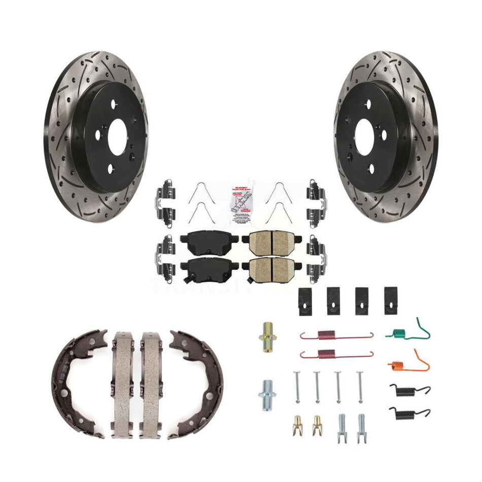 Rear Disc Drilled & Slotted Rotors Ceramic Pads Parking Shoes And Hardware Kit For Toyota KDA-103760