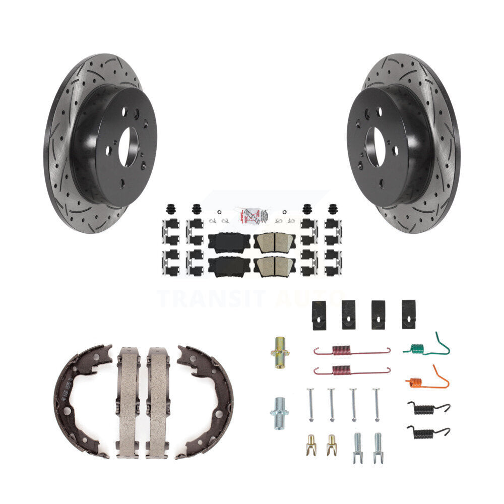 Rear Disc Drilled & Slotted Rotors Ceramic Pads Parking Brake Shoes And Hardware Kit For KDA-103762