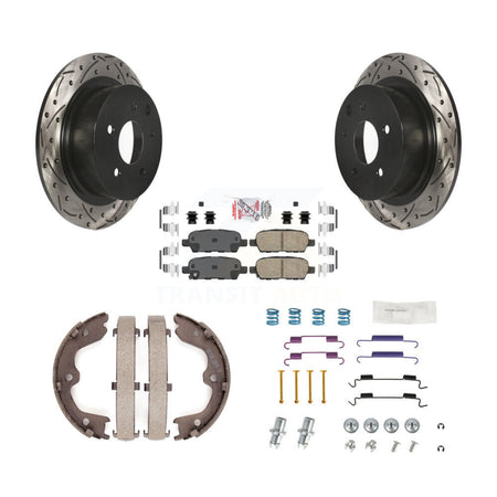 Rear Disc Drilled & Slotted Rotors Ceramic Pads Parking Brake Shoes And Hardware Kit For KDA-103766