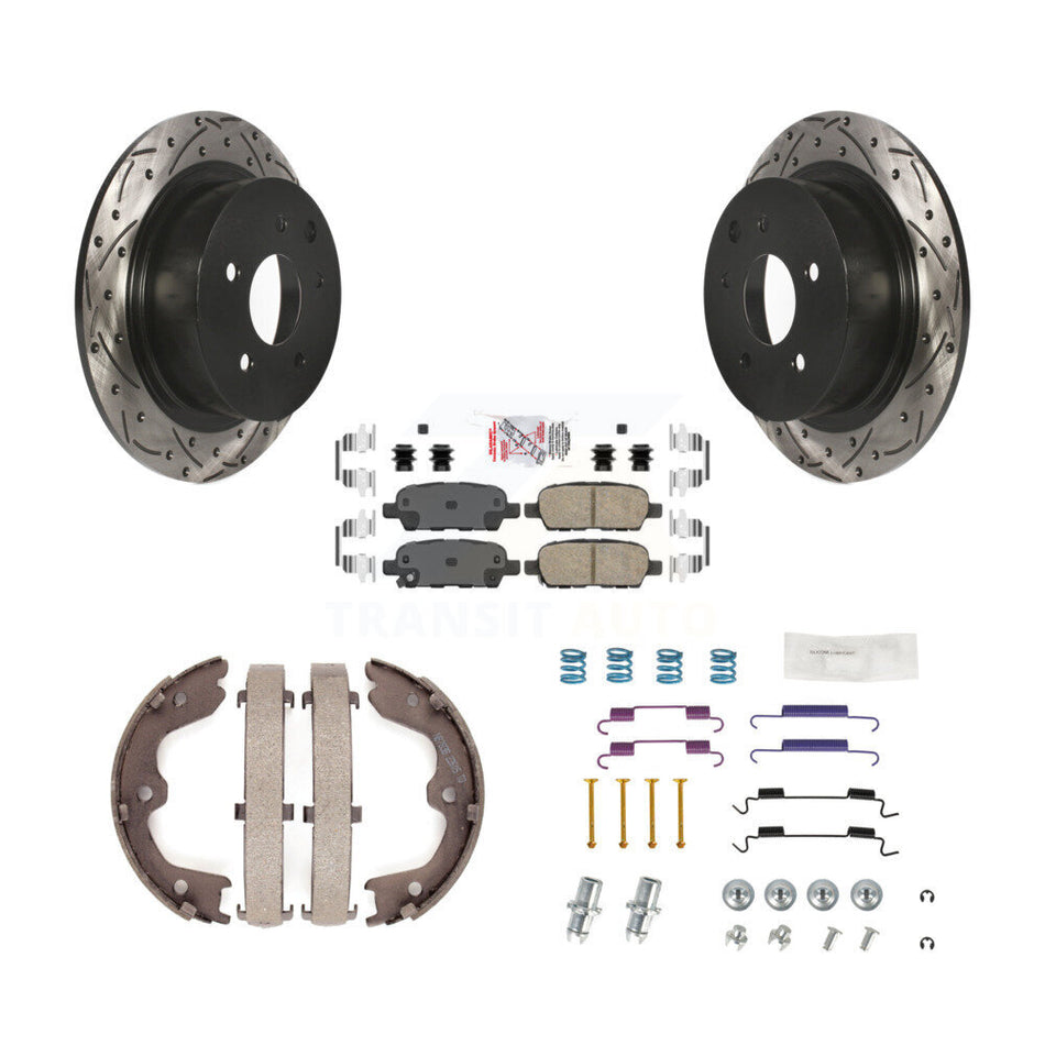 Rear Disc Drilled & Slotted Rotors Ceramic Pads Parking Brake Shoes And Hardware Kit For KDA-103766