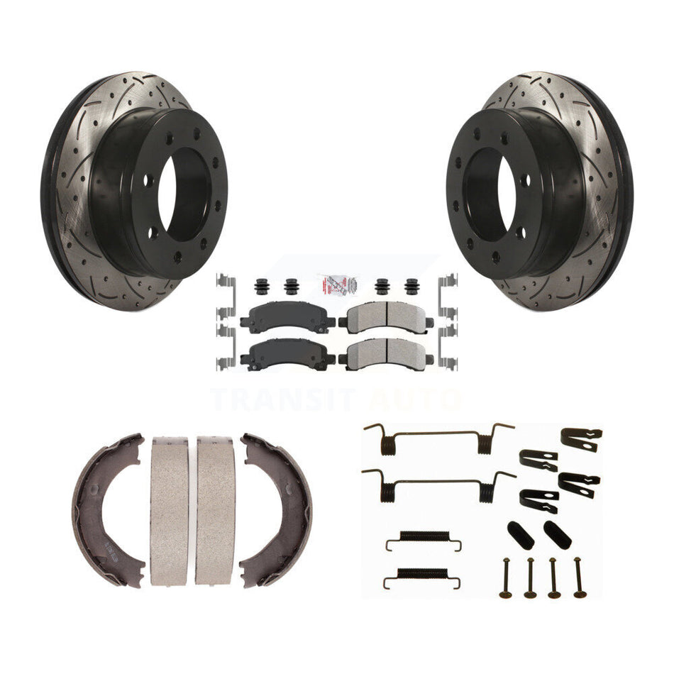 Rear Disc Drilled & Slotted Rotors Semi-Metallic Pads Parking Shoes Hardware Kit For GMC KDA-103769