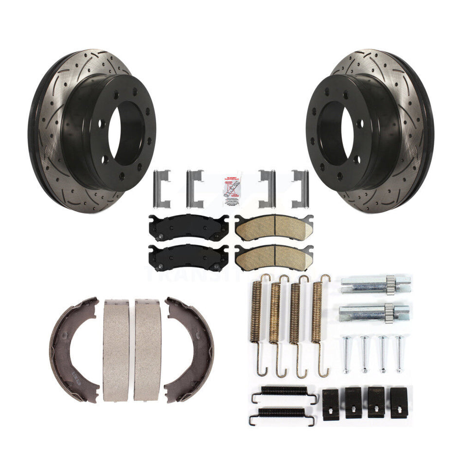 Rear Disc Drilled & Slotted Rotors Ceramic Pads Parking Shoes Hardware Kit For GMC Sierra KDA-103770
