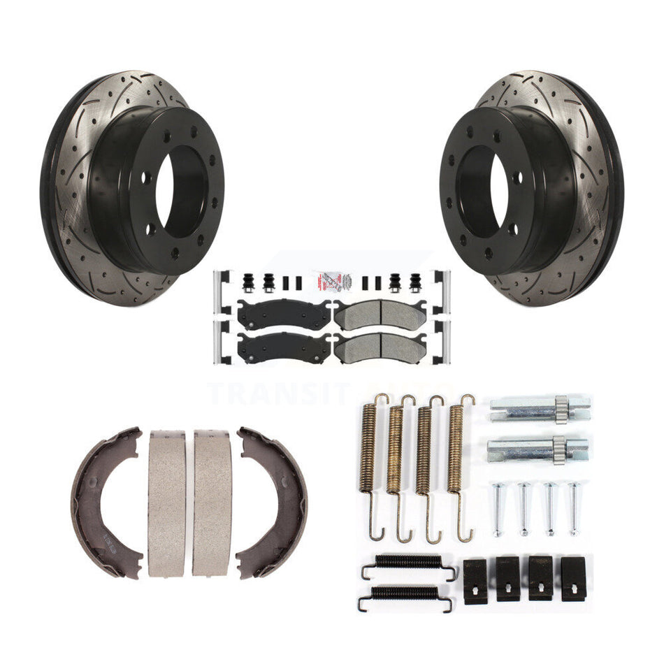 Rear Disc Drilled & Slotted Rotors Semi-Metallic Pads Parking Shoes Hardware Kit For GMC KDA-103771