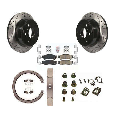 Rear Disc Drilled & Slotted Rotors Ceramic Pads Parking Brake Shoes And Hardware Kit For KDA-103774