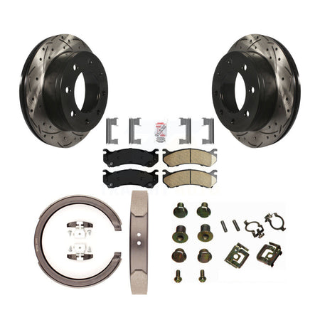 Rear Disc Drilled & Slotted Rotors Ceramic Pads Parking Shoes Hardware Kit For GMC Sierra KDA-103779
