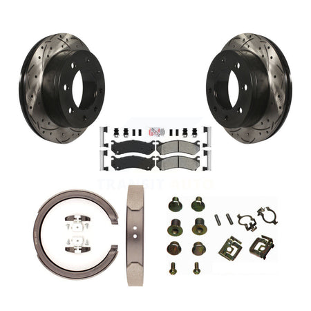 Rear Disc Drilled & Slotted Rotors Semi-Metallic Pads Parking Shoes Hardware Kit For GMC KDA-103780
