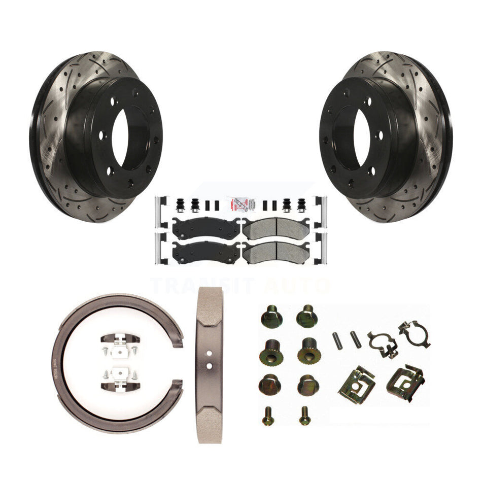 Rear Disc Drilled & Slotted Rotors Semi-Metallic Pads Parking Shoes Hardware Kit For GMC KDA-103780
