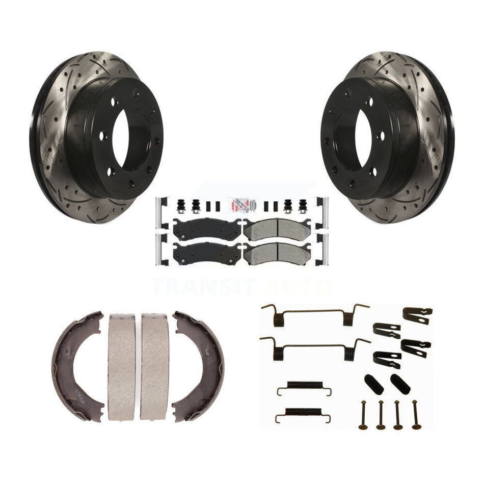 Rear Disc Drilled & Slotted Rotors Semi-Metallic Pads Parking Shoes Hardware Kit For 2500 KDA-103782