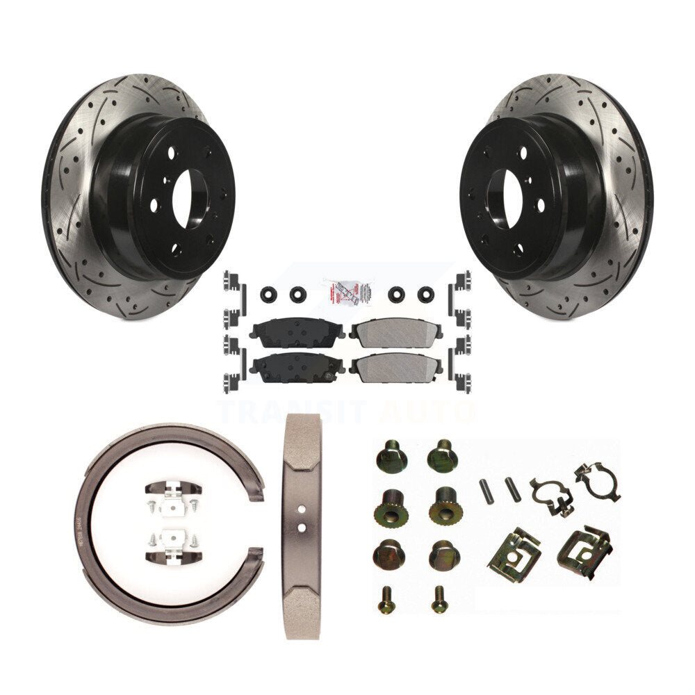 Rear Disc Drilled & Slotted Rotors Semi-Metallic Pads Parking Shoes Hardware Kit For 1500 KDA-103783