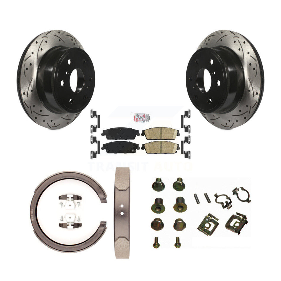 Rear Disc Drilled & Slotted Rotors Ceramic Pads Parking Shoes Hardware Kit For Chevrolet KDA-103784