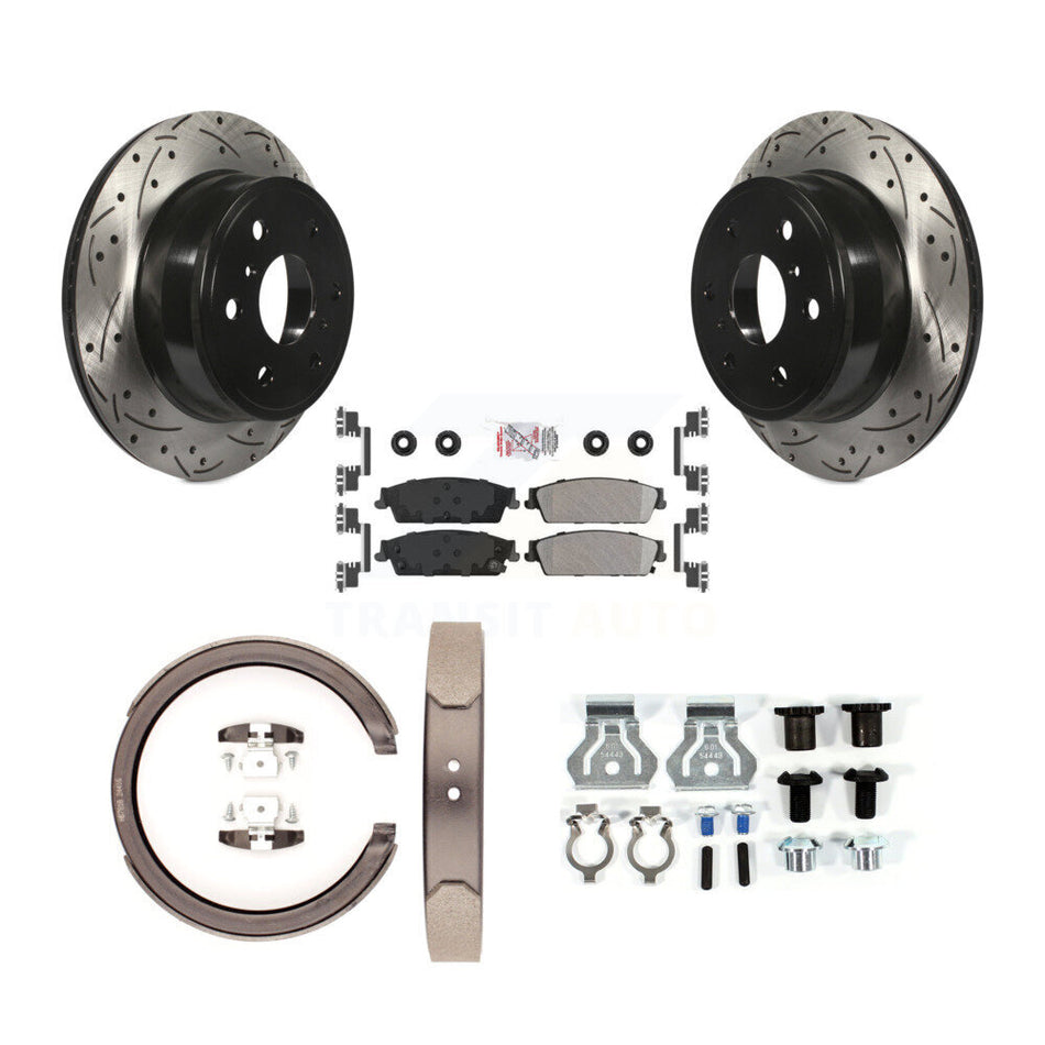 Rear Disc Drilled & Slotted Rotors Semi-Metallic Pads Parking Shoes Hardware Kit For GMC KDA-103785