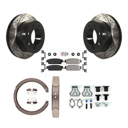 Rear Disc Drilled & Slotted Rotors Semi-Metallic Pads Parking Shoes And Hardware Kit For KDA-103787