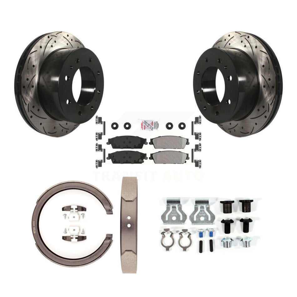 Rear Disc Drilled & Slotted Rotors Semi-Metallic Pads Parking Shoes And Hardware Kit For KDA-103787