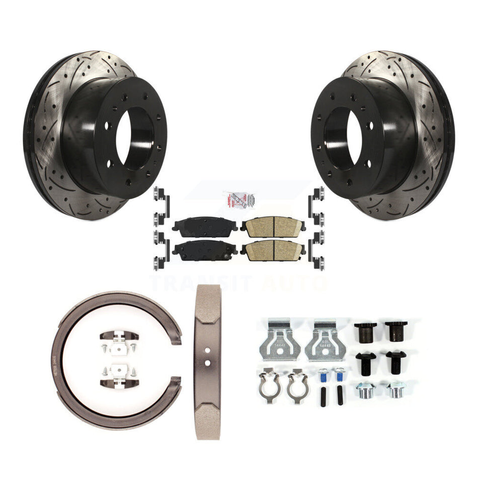 Rear Disc Drilled & Slotted Rotors Ceramic Pads Parking Brake Shoes And Hardware Kit For KDA-103788