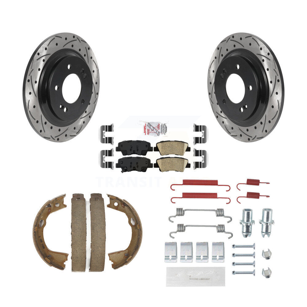Rear Disc Drilled & Slotted Rotors Ceramic Pads Parking Shoes Hardware Kit For Kia Optima KDA-103791