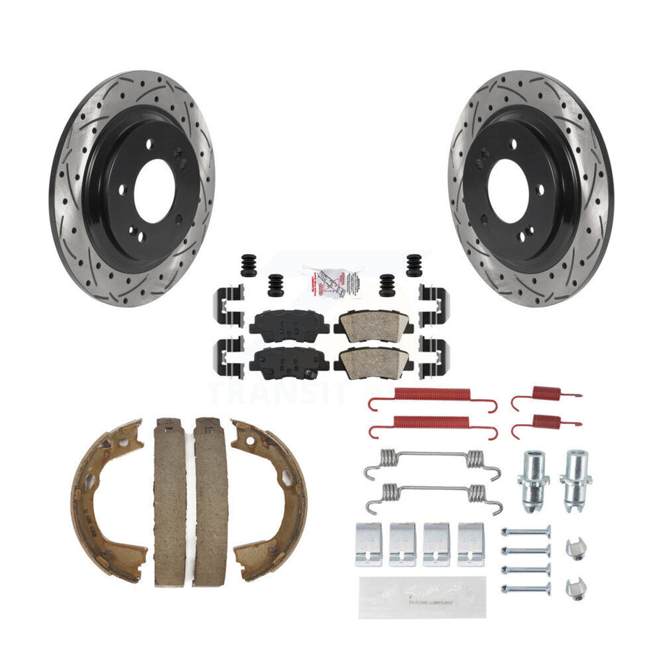 Rear Disc Drilled & Slotted Rotors Ceramic Pads Parking Shoes Hardware Kit For Hyundai KDA-103793