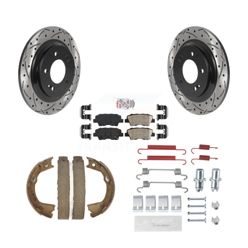 Rear Disc Drilled & Slotted Rotors Ceramic Pads Parking Shoes Hardware Kit For Hyundai KDA-103794