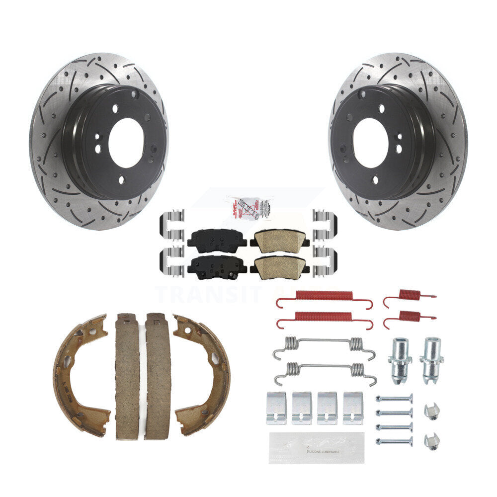 Rear Disc Drilled & Slotted Rotors Ceramic Pads Parking Shoes Hardware Kit For Kia Optima KDA-103795