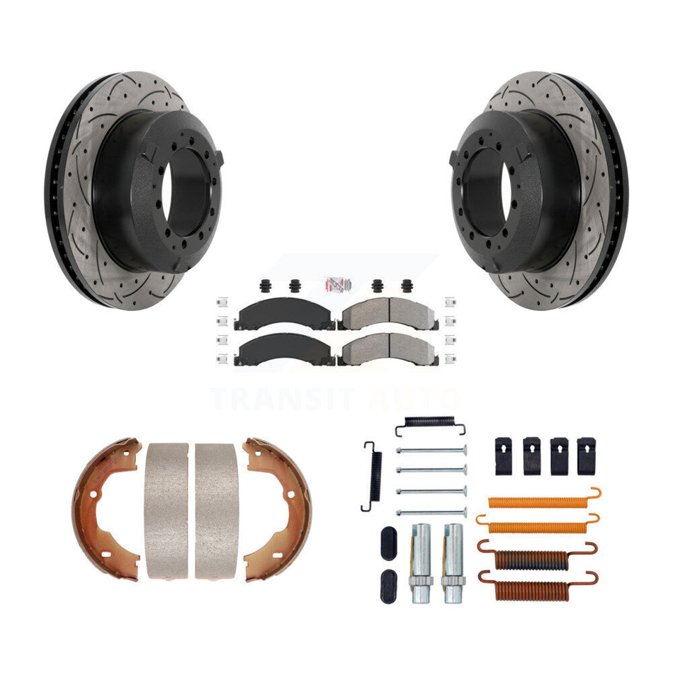 Rear Disc Drilled & Slotted Rotors Semi-Metallic Pads Parking Shoes Hardware Kit For Ram KDA-103798