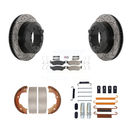 Rear Disc Drilled & Slotted Rotors Semi-Metallic Pads Parking Shoes Hardware Kit For Ford KDA-103801