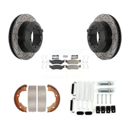 Rear Disc Drilled & Slotted Rotors Semi-Metallic Pads Parking Shoes And Hardware Kit For KDA-103803