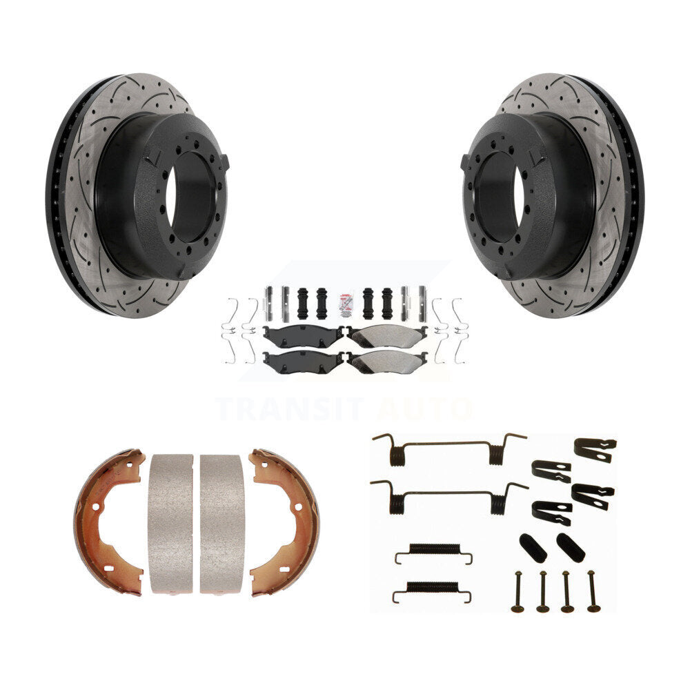 Rear Disc Drilled & Slotted Rotors Semi-Metallic Pads Parking Shoes And Hardware Kit For KDA-103804