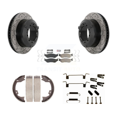 Rear Disc Drilled & Slotted Rotors Semi-Metallic Pads Parking Shoes Hardware Kit For Ford KDA-103807