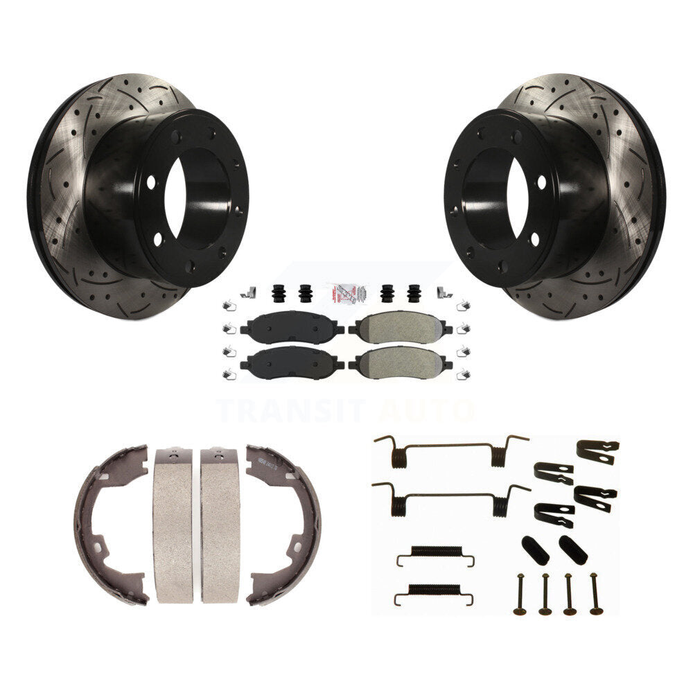 Rear Disc Drilled & Slotted Rotors Semi-Metallic Pads Parking Shoes Hardware Kit For Ford KDA-103808
