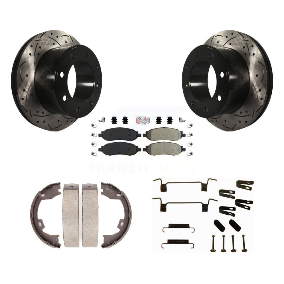Rear Disc Drilled & Slotted Rotors Semi-Metallic Pads Parking Shoes Hardware Kit For Ford KDA-103808