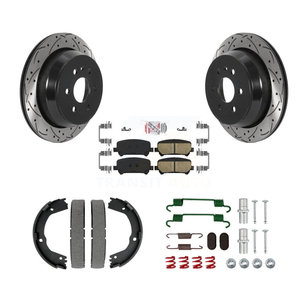 Rear Disc Drilled & Slotted Rotors Ceramic Pads Parking Shoes Hardware Kit For Chevrolet KDA-103810