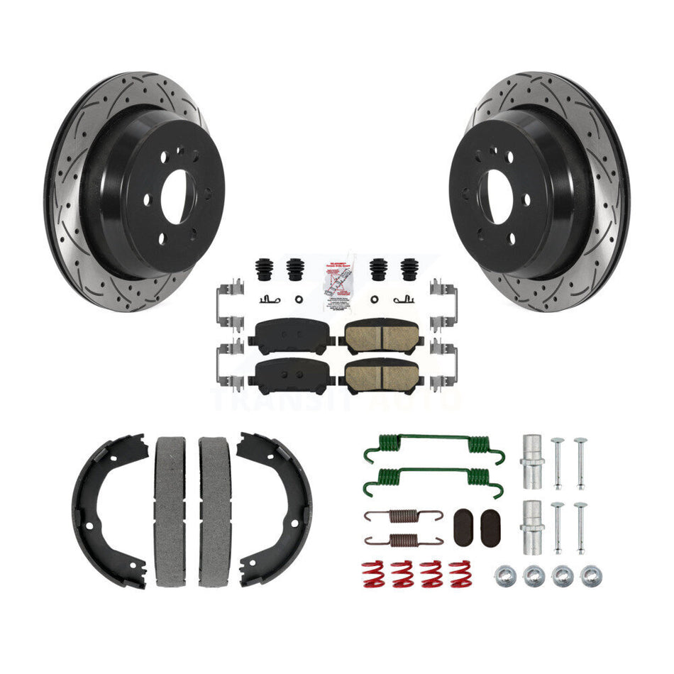 Rear Disc Drilled & Slotted Rotors Ceramic Pads Parking Shoes Hardware Kit For Chevrolet KDA-103811
