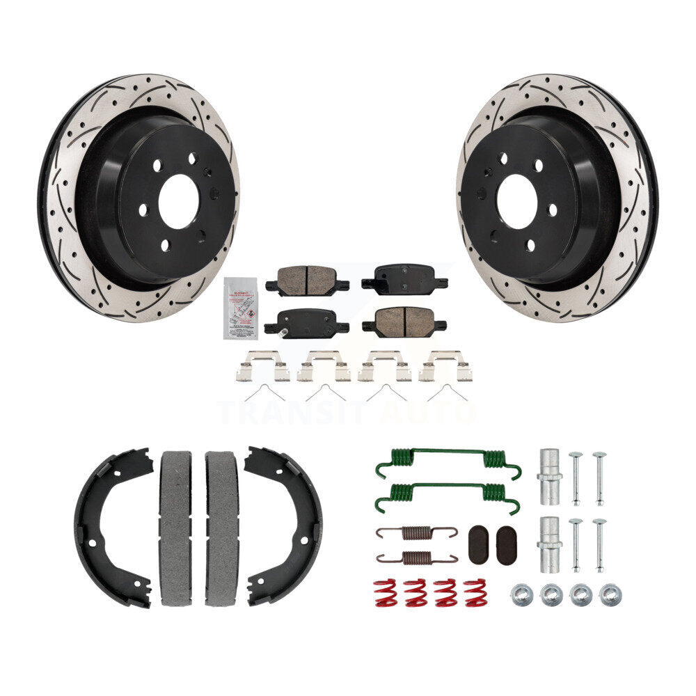 Rear Disc Drilled & Slotted Rotors Ceramic Pads Parking Shoes Hardware Kit For Chevrolet KDA-103812